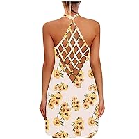 Women's Beach V-Neck Trendy Glamorous Dress Swing Casual Loose-Fitting Summer Print Sleeveless Knee Length Flowy Yellow