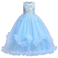 Flower Girls Long Ruffled Lace Dress Floor Length Maxi Tulle Pageant Ball Gown Wedding Party Dresses for Kids 5-14T