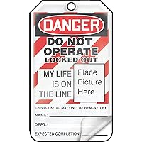 Accuform Lockout Tags, Pack of 5, Danger Do Not Operate Locked Out My Life is on The Line with Picture Insert, Tear & Water Resistant Self-Laminating PF-Cardstock with Grommets