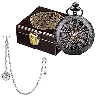 SIBOSUN Skeleton Pocket Watch and Box Wodden Dragon Phonix Pattern Pocket Watch Display Case with Antique Compass Pendant Design Charm Fob T-Bar Chain Silver