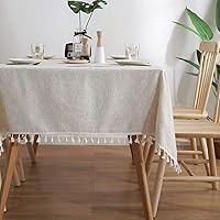 ColorBird Solid Color Tassel Tablecloth Cotton Linen Dust-Proof Shrink-Proof Table Cover for Kitchen Dining Farmhouse Tabletop Decoration (Square, 55 x 55 Inch, Neutral)