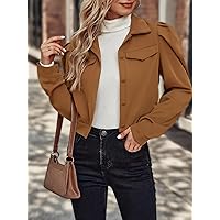 Jackets for Women - Puff Sleeve Flap Detail Crop Jacket (Color : Brown, Size : Small)