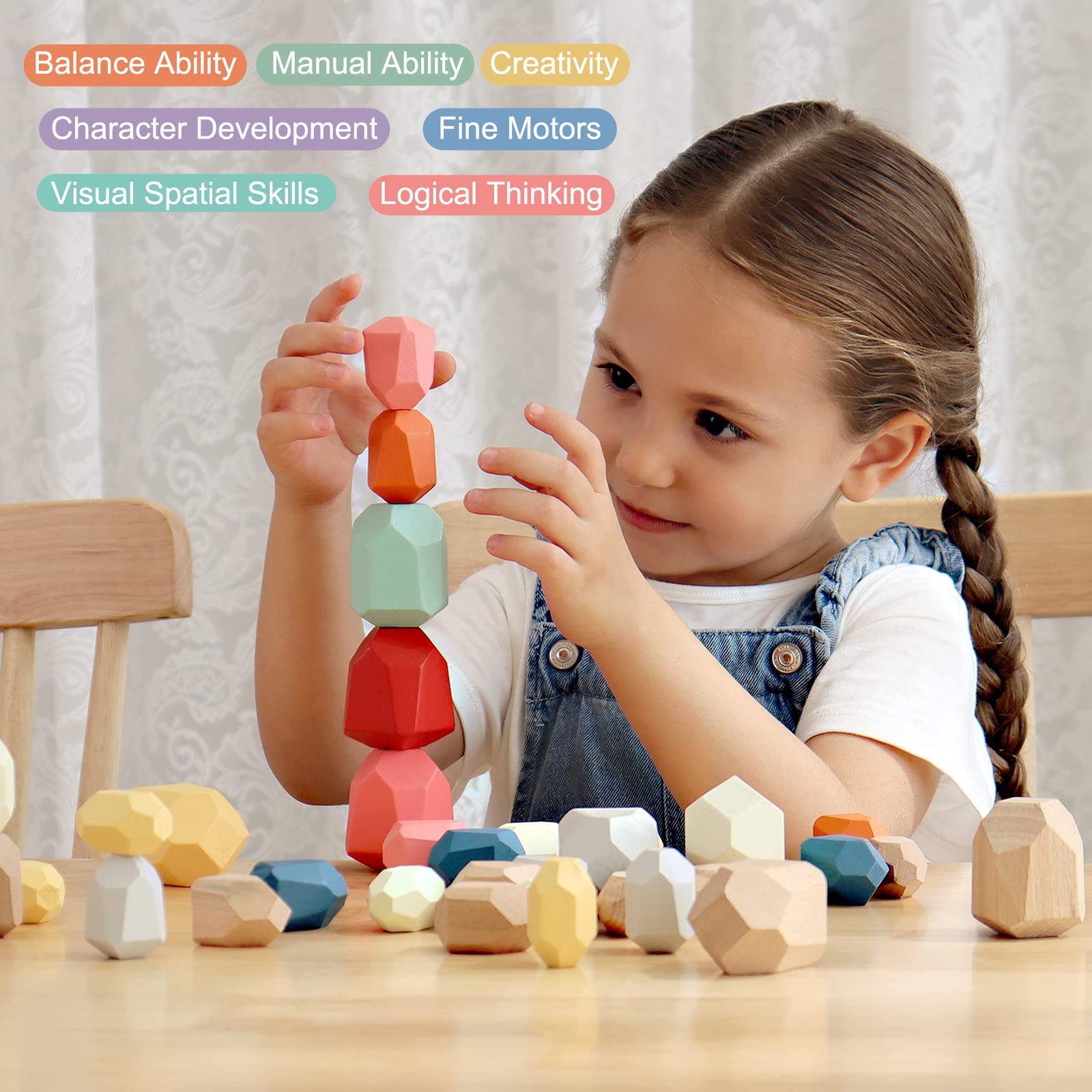BESTAMTOY 36 PCS Wooden Sorting Stacking Rocks Stones,Safe for Ages 1+,Toddler Toys Learning Montessori Toys, Building Blocks Game for Kids 2 3 4 5 6 Years Boy and Girl Birthday Gifts for Kids