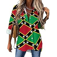 Saint Kitts and Nevis Flag Shirts for Women Long Sleeve Button Down Blouses V Neck Casual Loose Fit Tops