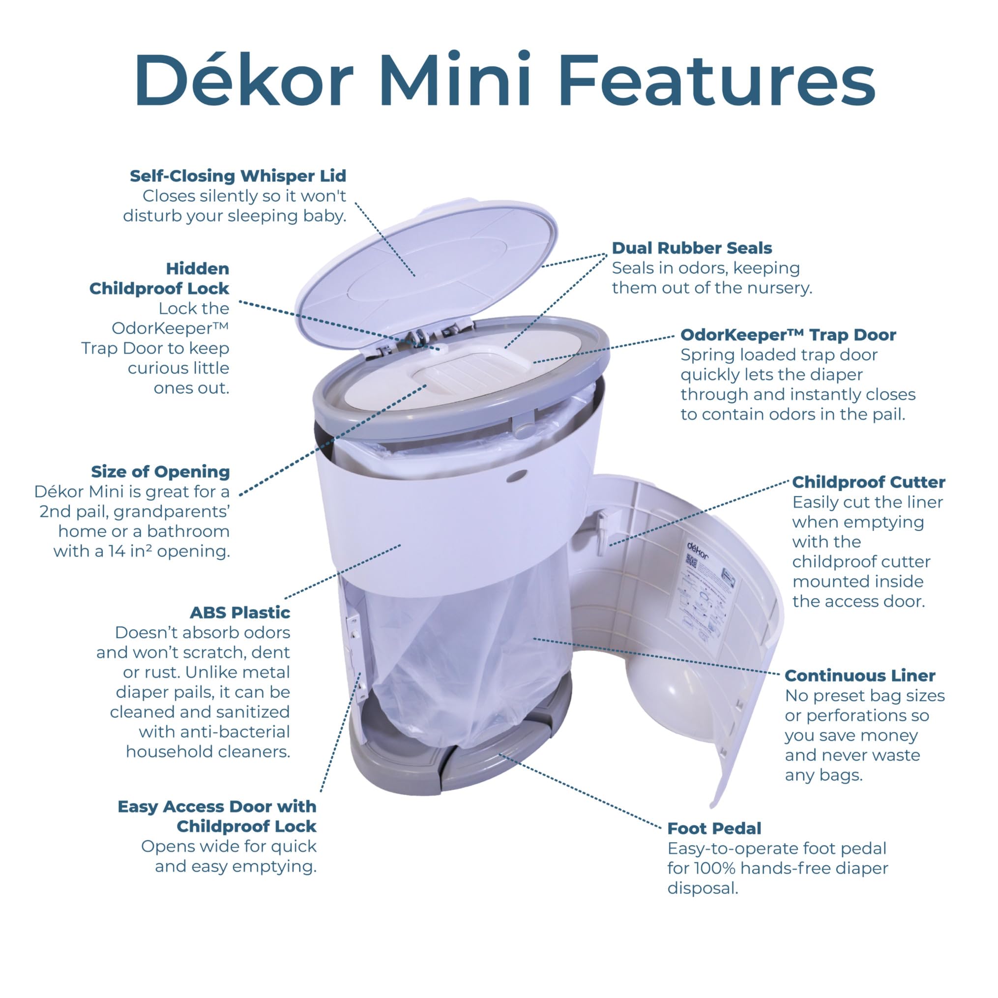 Dekor Mini Hands-Free Diaper Pail | White | Easiest to Use | Just Step – Drop – Done | Doesn’t Absorb Odors | 20 Second Bag Change | Most Economical Refill System