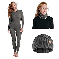 DANISH ENDURANCE Women's Merino Wool Base Layer Bundle, Large, Grey, Long Sleeve Shirt, Tights, Beanie and Neck Gaiter, Lightweight, Breathable, Perfect for Winter