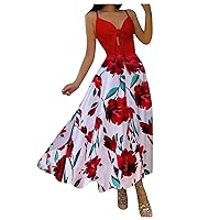 Sundresses for Women Spaghetti Strap Knot Front Sexy V Neck Maxi Dress Hollow Out Buttons Swing Long Summer Dresses