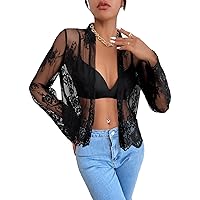 OYOANGLE Women's Long Sleeve Floral Lace Cardigan Open Front Sheer Cover Up Tops