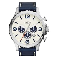 Fossil Men's JR1480 Nate Stainless Steel Chronograph Watch with Navy Leather Band