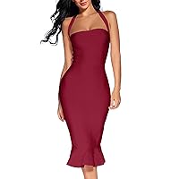 houstil Women's V Neck Halter Fishtail Bandage Bodycon Dress Party