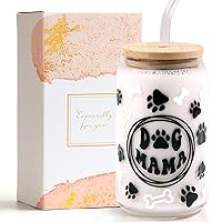 Dog Mom Gift for Dog Lover, Mothers Day Mom Gift, Dog Lover Gift for Dog Mom Drinking Glass Cup, 16oz Can Shaped Glass Mom Iced Coffee Can Glass with Lid and Straw