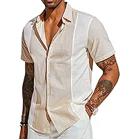 PJ PAUL JONES Men's Cotton Linen Shirts Vintage Contrast Breathable Button Down Shirts Retro Short Sleeve Dress Shirts