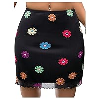 MakeMeChic Women's Floral Print Mesh Overlay Skirt Elastic Waist Bodycon Mini Skirt