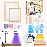 Pllieay 44 Pieces Screen Printing Kit Includes 2 Pack Screen Printing Exposure Light, 2 Pcs Wood Silk Screen Printing Frames, 5 Colors Fine Glitter, Screen Printing Squeegee, Transparency Films