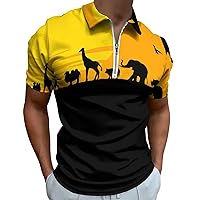 African Map with Wild Animals Mens Polo Shirts Quick Dry Short Sleeve Zippered Workout T Shirt Tee Top