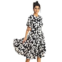 Printed Rayon Short Sleeve Fit & Flare Dress - Regular Fit Party Dress