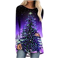 Christmas Tunic Tops for Women Xmas Tree/Snowman Print Shirts Wear with Leggings Trendy Long Sleeve Crewneck Blouse