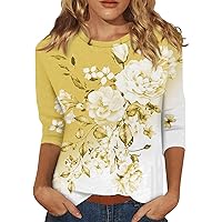 Blouses for Women Dressy Casual Fashion 3/4 Sleeve Retro Print Stand Collar Pullover Top