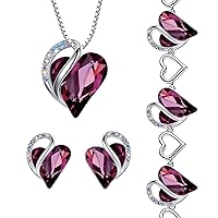 Leafael Infinity Love Heart Necklace, Stud Earrings, and Bracelet for Women, February Birthstone Crystal Jewelry, Silver Tone Gifts for Women, Amethyst Pink