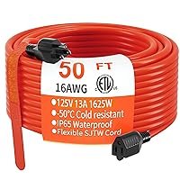 HUANCHAIN 50 FT 16 Gauge Indoor Outdoor Extension Cord Waterproof, Flexible Cold Weather 3 Prong Electric Cord Outside, 13A 1625W 125V 16AWG SJTW, Orange ETL Listed