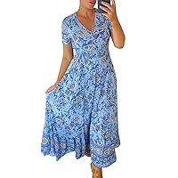 Women's Fashionable Casual Printed V Neck Dress, Tunic Waist Ruffle Sleeve Short Dress Bohemian Beach, S-2XL
