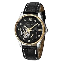 WhatsWatch Diamond Waterproof Automatic Mens Watches Black Calfskin Leather Band Gold Case Analog Dial -314
