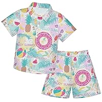 visesunny Boy Short Sleeve Aloha Hawaiian Shirt Set Boy Button Down Shirt Palm Leaf Pineapple Donut Boy Summer Outfits