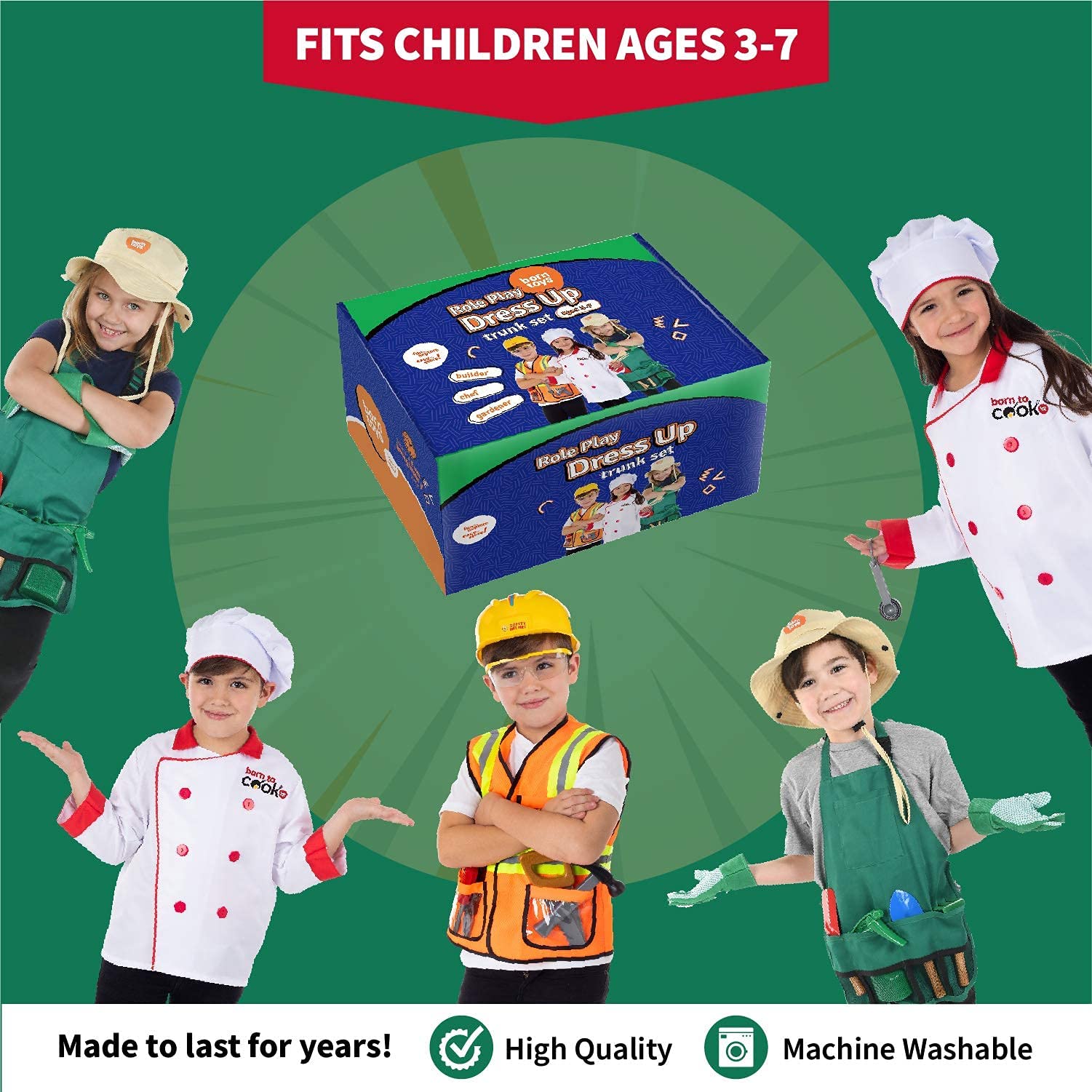 Born Toys Police Costume, Fireman Costume, and Bundle set of Construction Worker, Gardening, and Chef Set for Boys and Girls Dress Up & Pretend Play Ages 3-7