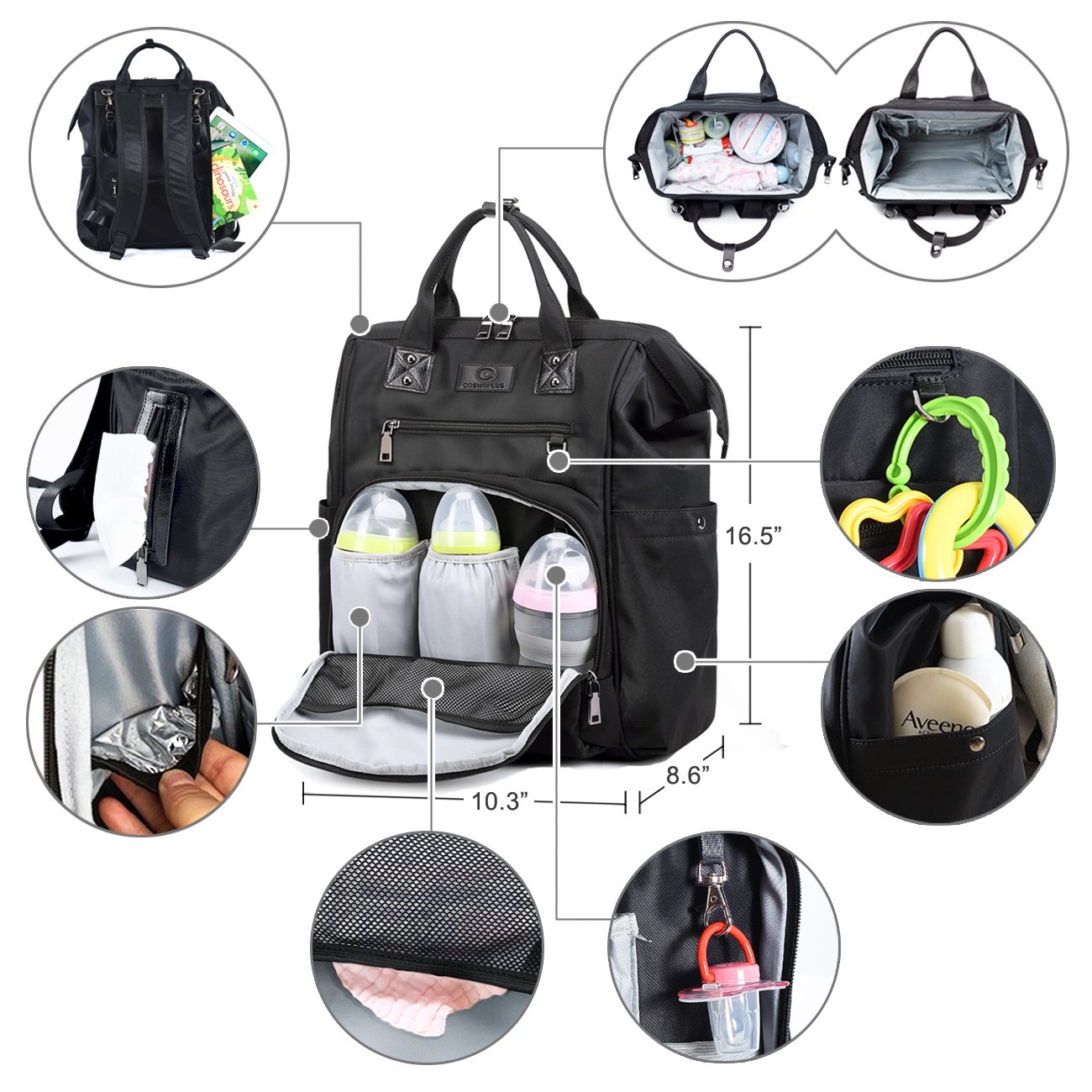 Baby Diaper Bags Backpack-Smart Organizer Large Capacity Multifunction,Stylish for Women and Men,Bonus Travel Changing Pad,Black，BJ01