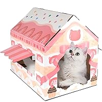 LiBa Cardboard Cat House with Scratch Pad and Catnip, Cat Scratcher for Indoor Cats, Cat Bed, Cat Scratching Toy, Cat Gifts for Cats - Strawberry Shortcake