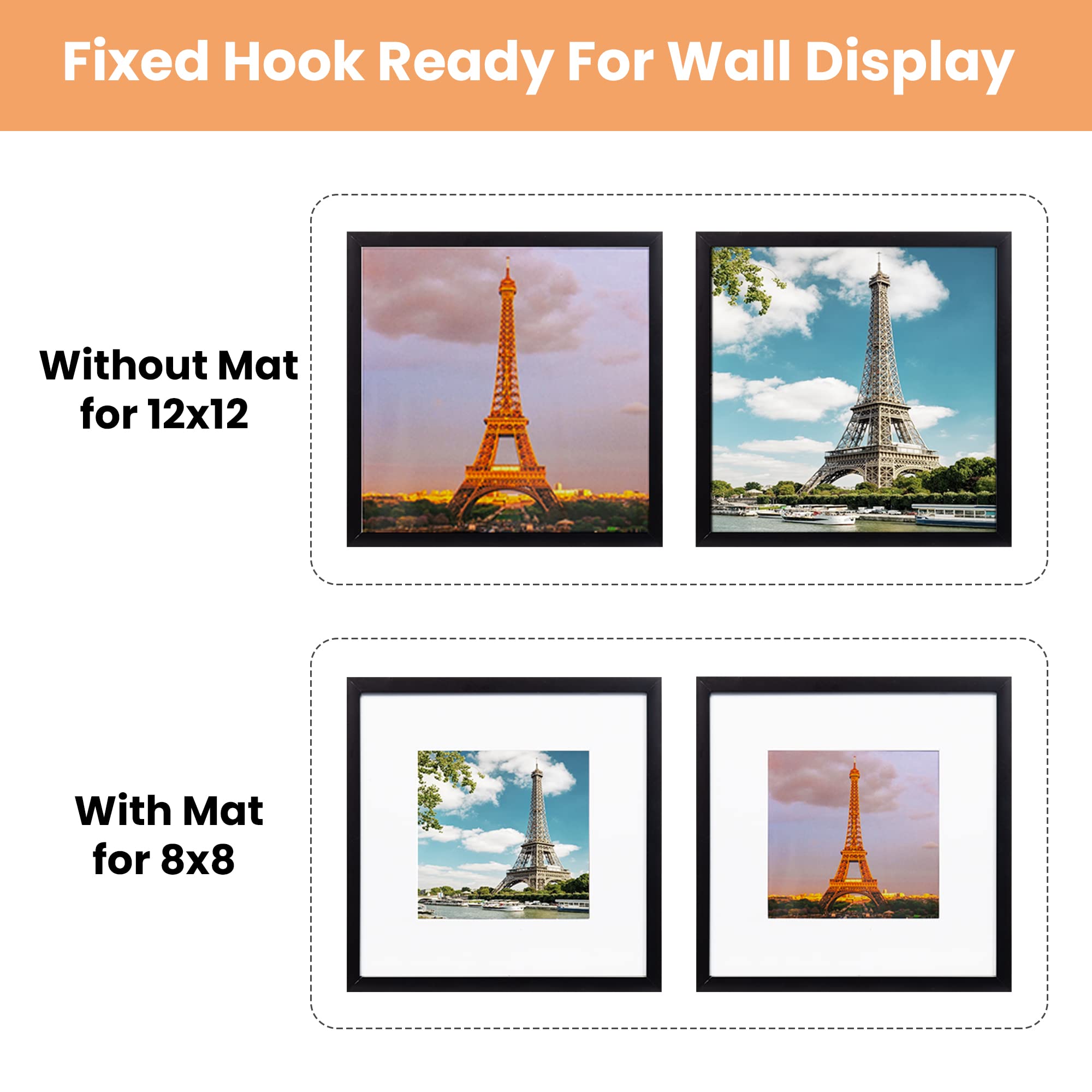 upsimples 12x12 Picture Frame Made of High Definition Glass, Display  Pictures 8x8 with Mat or 12x12 Without Mat, Gallery Wall Frame Set, Black