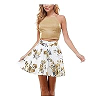 Womens Gold Glitter Floral Spaghetti Strap Jewel Neck Mini Evening Fit + Flare Dress Juniors 13