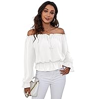 SweatyRocks Women's Elegant Long Sleeve Off Shoulder Top Tie Front Ruffle Hem Chiffon Blouse