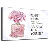 arteWOODS Fashioner Perfume Canvas Wall Art Gold Bottle Pink Flower Canvas Pictures Brown Inspirational Words Canvas Prints Motivational Quetos Wall Decor for Bathroom Bedroom Powder Room 24