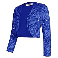 Women 3/4 Sleeve Sequin Jackets Sparkly Open Front Glitter Cropped Cardigan Shiny Bolero Shrug Jackets Royal Blue L