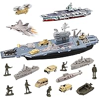 UNIH Aircraft Carrier Toy Military Vehicles Play Set with Model Battleship Planes Fighter Jet Helicopter Tank Soldier Army Men Toys Gifts for Boys Kids 3 4 5 6 7 8 Year Old