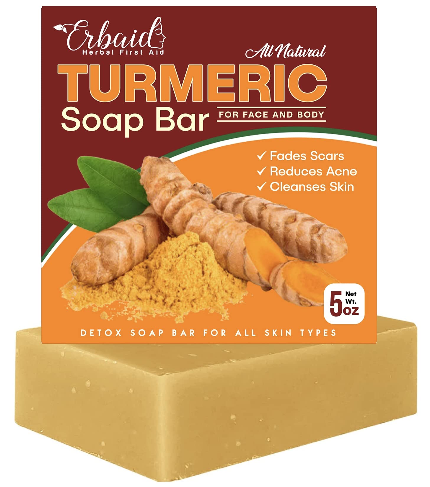 Natural Turmeric Soap Bar for Face & Body – Turmeric Skin Brightening Soap for Dark Spots, Intimate Areas, Underarms – Turmeric Face Wash Reduces Acne, Fades Scars & Cleanses Skin – 5oz Turmeric Bar Soap for All Skin Types Made in USA (5 Ounce (Pack of 1)