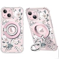 GVIEWIN Bundle - Compatible with iPhone 15 Magsafe Case Floral (Magnolia) + Magnetic Phone Ring Holder (Pink)