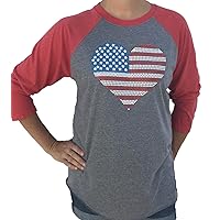 Women's USA Studded American Flag Heart 4th of July 3/4 Sleeve Tri Blend Tshirt Grey