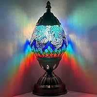 SILVERFEVER Egg Shaped Mosaic Lamp Turkish Glass Moroccan Lantern Room Decor Night Light for Bedroom, Living Room Décor w LED Bulb (Blue Fierbird Tail)