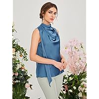 Womens Summer Tops Draped Keyhole Back Blouse (Color : Blue, Size : X-Large)