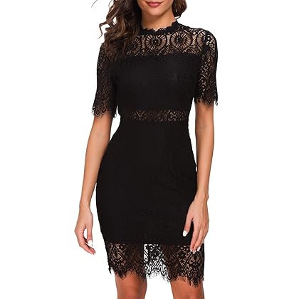 Zalalus Women's Elegant High Neck Short Sleeves Lace Cocktail Party Dress