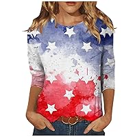 4th of July Shirts for Women 3/4 Sleeve Summer Casual Independence Day Print Crew Neck Loose-Fitting Blouses