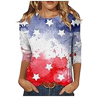 Womens 4Th of July Tshirt 3/4 Sleeve Tunic Tops America Tshirt Loose Crewneck Red White and Blue T-Shirt USA Blouse