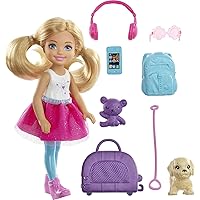 Barbie Dreamhouse Adventures Doll & Accessories, Travel Set with Blonde Chelsea Small Doll, Puppy, Carrier & Backpack That Opens