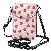 Flowers And Strawberry Leather Messenger Flip Phone Bag Wallet, Outdoor Daily Small Shoulder Diagonal Phone Purse For Women