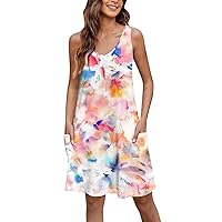 Womens Beach Dress Bohemian Dress for Women 2024 Summer Fashion Print Pretty Slim Fit Dress Sleeveless V Neck Dresses with Pockets Light Pink X-Large