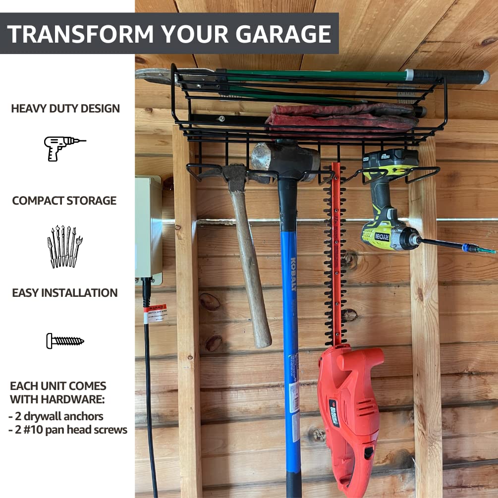c2M Heavy Duty Floating Tool Shelf & Organizer | Wall Mounted Garage Storage Rack for Handheld & Power Tools | USA Made, 100# Weight Limit, Compact Steel Design | Perfect for Father's Day | Black