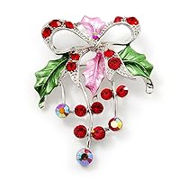 Red/Green Crystal Grapes And Bow Brooch (Silver Tone)