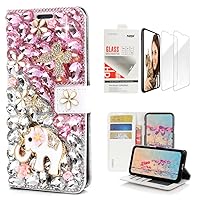 STENES Bling Wallet Phone Case Compatible with iPhone 13 - Stylish - 3D Handmade Crystal Elephant Butterfly Flower Magnetic Leather Cover with Screen Protector [2 Pack] - Pink